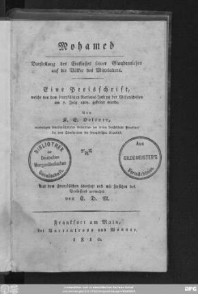 Mohamed : Darstellung des Einflusses seiner Glaubenslehre auf die Völker des Mittelalters ; Eine Preisschrift ...