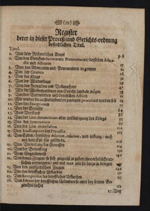 Register derer in dieser Proceß- und Gerichts-ordnung befindlichen Titul.