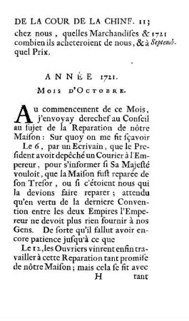 Année 1721. Mois d'Octobre