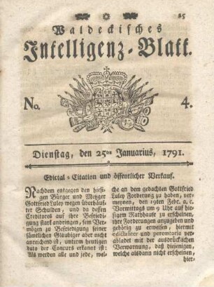 No. 4, Dienstag, den 25ten Januarius, 1791