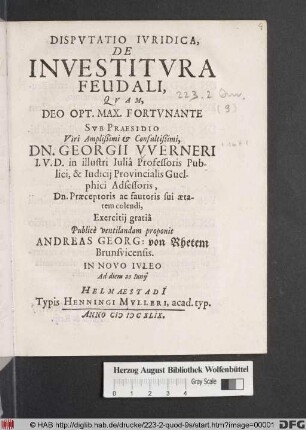 Disputatio Iuridica, De Investitura Feudali