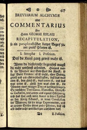 Breviarium Alchymiae oder Commentarius über Herrn Georgii Riplaei Recapitulation, [...]