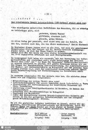 Der Arbeitskreis Umwelt Leipzig-Grünau (AKU-Grünau) stellt sich vor : Aufruf