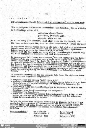 Der Arbeitskreis Umwelt Leipzig-Grünau (AKU-Grünau) stellt sich vor : Aufruf