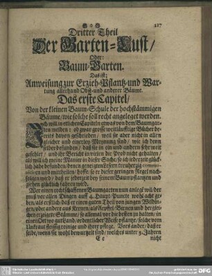 Dritter Theil Der Garten-Lust, Oder: Baum-Garten. Das ist; Anweisung zur Erzieh-Pflantz- und Wartung allerhand Obst- und anderer Bäume