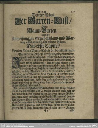 Dritter Theil Der Garten-Lust, Oder: Baum-Garten. Das ist; Anweisung zur Erzieh-Pflantz- und Wartung allerhand Obst- und anderer Bäume