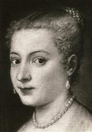 Bildnis einer Dame in Weiss : Gemälde "Bildnis einer Dame in Weiss", Ausschnitt: Kopf der Dame (um 1555, T. Vecellio; Leinwand; 102 x 86 cm; Staatliche Kunstsammlungen Dresden (SKD))