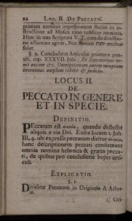 Locus II. De Peccato In Genere Et In Specie.