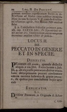 Locus II. De Peccato In Genere Et In Specie.