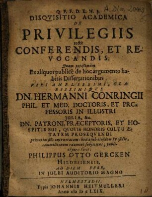 Disquisitio Academica De Privilegiis recte Conferendis, Et Revocandis