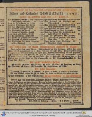 Landkalender auf das Jahr nach der gnadenreichen Geburt unsers Herrn und Heilandes Jesu Christi, 1799.