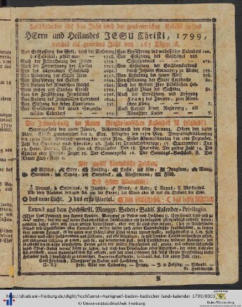 Landkalender auf das Jahr nach der gnadenreichen Geburt unsers Herrn und Heilandes Jesu Christi, 1799.