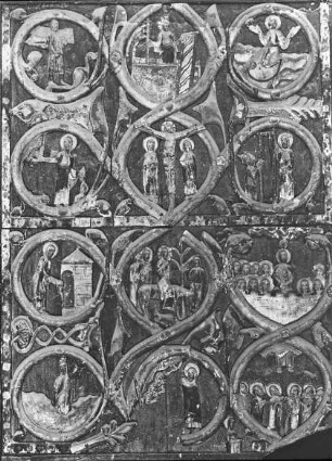 Gurk (Kärnten), ehem. Domkirche, äußere westl. Vorhalle, rechter Türflügel, oberes Drittel, typologische Szenen aus AT und NT