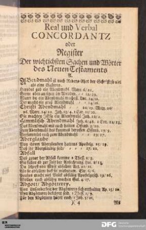 Real und Verbal Concordantz oder Register Der wichtichsten Sachen und Wörter des Neuen Testaments