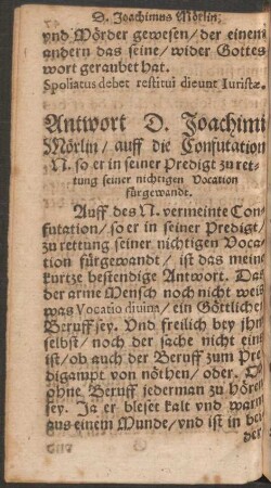 Antwort D. Joachimi Mörlin/ auff die Confutation ...