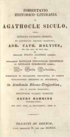 Dissertatio Historico-Literaria De Agathocle Siculo