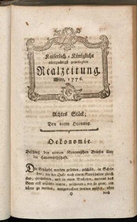 Achtes Stück; Den 20ten Hornung. Wien 1776.
