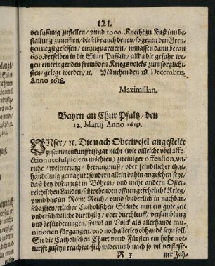 121-122, Bayrn an Chur Pfaltz den 12. Martij Anno 1619