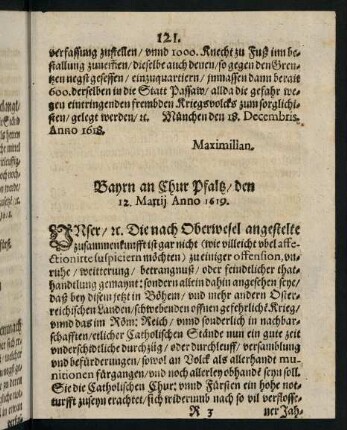 121-122, Bayrn an Chur Pfaltz den 12. Martij Anno 1619