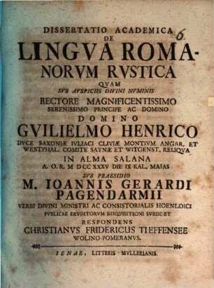 Diss. acad. de lingua Romanorum rustica