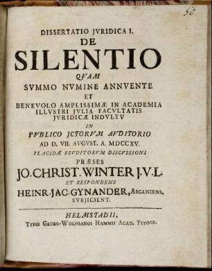 1: Dissertatio Juridica I. De Silentio.