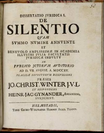 1: Dissertatio Juridica I. De Silentio.