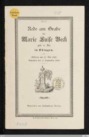 Rede am Grabe der Marie Luise Beck, geb. v. Au in Ebingen : geboren am 12. Mai 1843, gestorben den 2. September 1898