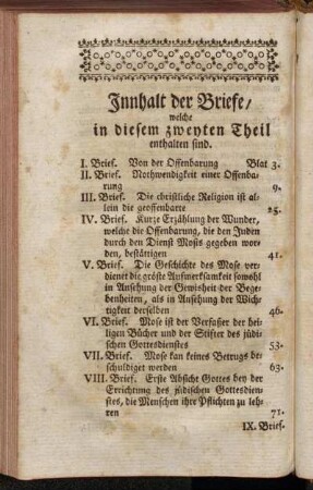 Innhalt der Briefe, welche in diesem zweyten Theil enthalten sind.