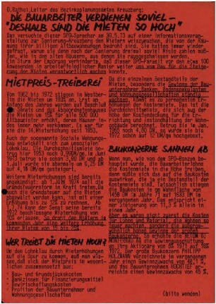 Flugschrift: "Die Bauarbeiter verdienen soviel - deshalb sind die Mieten so hoch" 1973