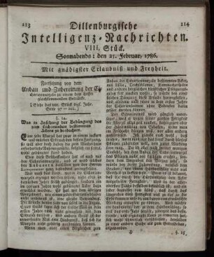 VIII. Stück. Sonnabends: den 25. Februar, 1786.