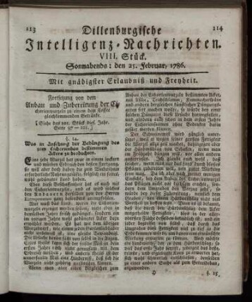 VIII. Stück. Sonnabends: den 25. Februar, 1786.