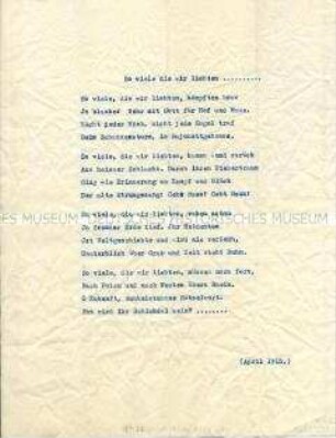 Maschinenschriftlicher Durchschlag eines patriotischen Kriegsgedichtes "So viele die wir liebten ..."
