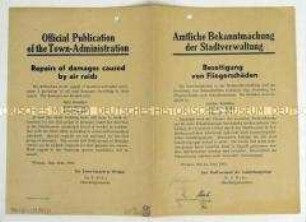 Amtliche Bekanntmachung der Stadtverwaltung von Weimar zur Beseitigung von Fliegerschäden, in englischer und deutscher Ausfertigung