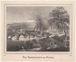 Das Amalgamierwerk in Halsbrücke nordöstlich von Freiberg, 1794 errichtet, aus der Zeitschrift Saxonia, 1835