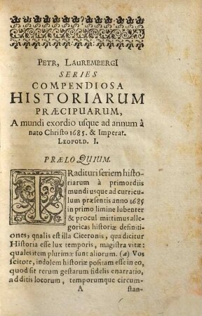 Historia universalis, eccles. & civilis etc. : iuxta ordinem in Petr. Laurenbergi Chronio observatur ...