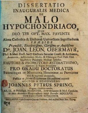 Dissertatio Inauguralis Medica De Malo Hypochondriaco
