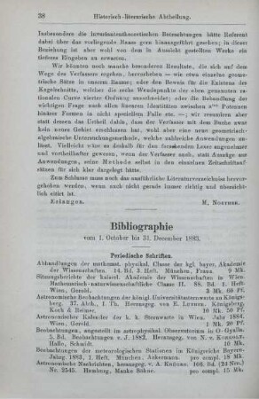 Bibliographie vom 1. October bis 31. December 1883.