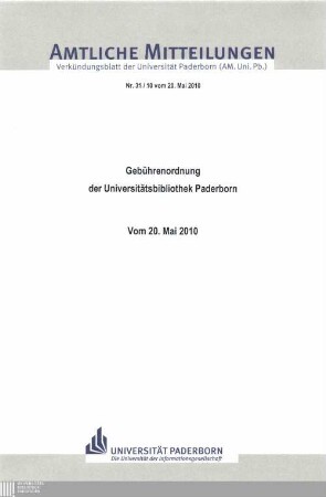 Gebührenordnung der Universitätsbibliothek Paderborn : vom 20. Mai 2010