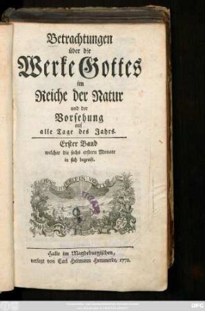 Bd. 1: Welcher die sechs erstern Monate in sich begreift