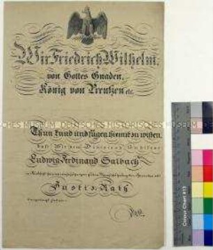 Preußisches Patent für den Divisionsauditeur Ludwig Ferdinand Salbach mit Ernennung zum Justizrat