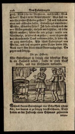 Die 51. Historie. Wie Eulenspiegel in Leipzig eine lebendige Katze in ein Hasenfell nähete, solche in einen Sack steckte, und den Kirschnern verkaufte