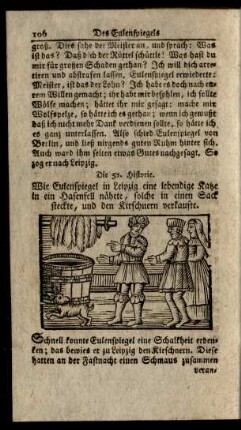 Die 51. Historie. Wie Eulenspiegel in Leipzig eine lebendige Katze in ein Hasenfell nähete, solche in einen Sack steckte, und den Kirschnern verkaufte