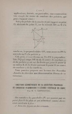 Solution géométrique de la question proposée au concours d'admission a l'École Centrale en 1889.