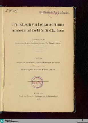 Drei Klassen von Lohnarbeiterinnen in Industrie und Handel der Stadt Karlsruhe