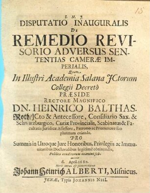 Disputatio inauguralis de remedio revisorio adversus sententias Camerae imperialis