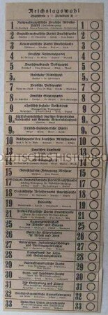 Stimmzettel zur Reichstagswahl am 6. November 1932 für den Wahlkreis Potsdam