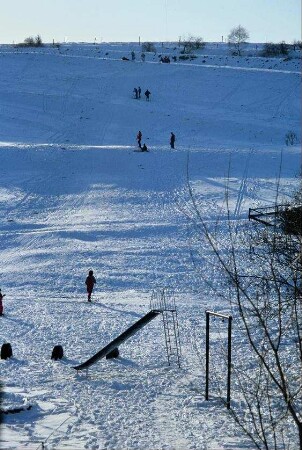 Kinder mit Skiern und Schlitten am Hang