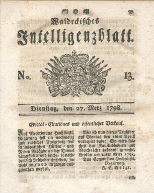 No. 13, Dienstag, den 27. Merz 1798