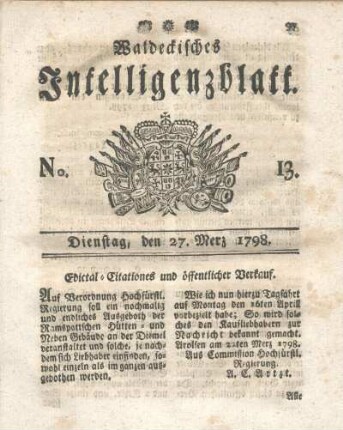 No. 13, Dienstag, den 27. Merz 1798