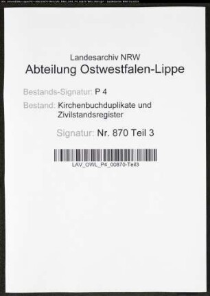 Kirchenbuchduplikate der katholischen Gemeinde (GHT 1870). (Gemeinde: Bochum, katholische Gemeinde Stadt und Land (getrennt))